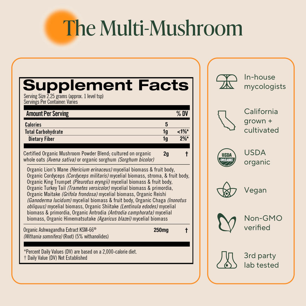 OM Mushrooms Master Blend Mushroom Powder – Organic Mushroom Supplement with 10 Mushrooms and Ashwagandha - Support Immunity, Gut Health & Stress Relief, 6.34 oz (80 Servings)