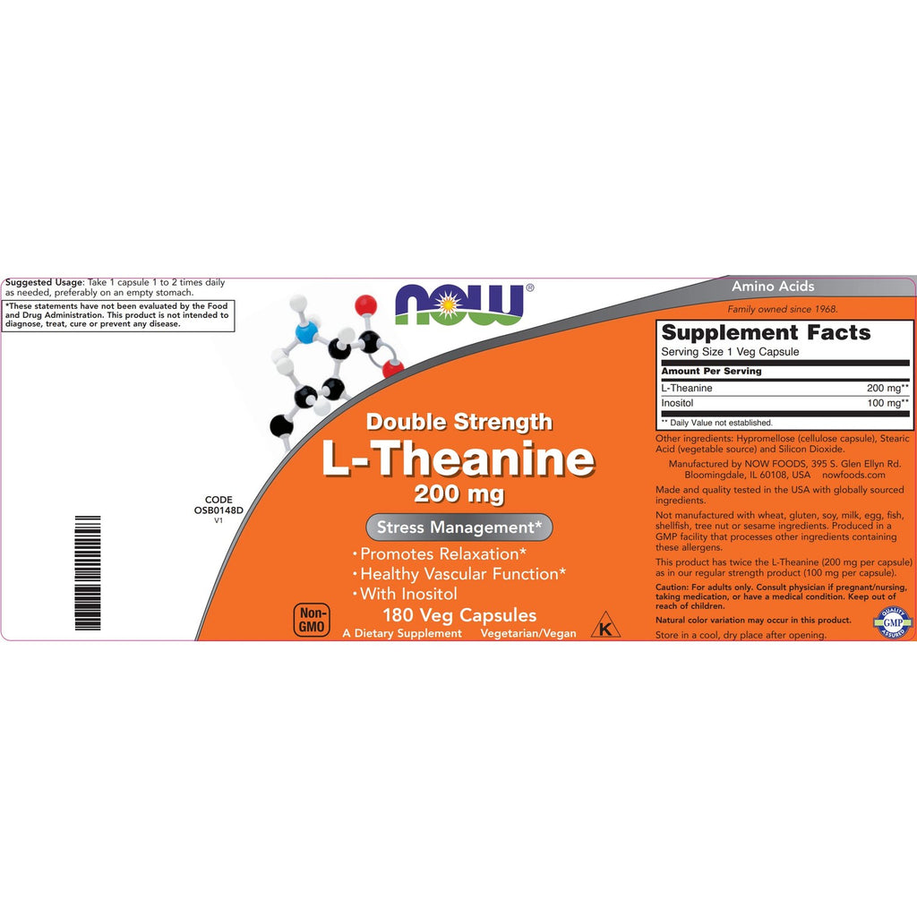 NOW Foods L-Theanine, Double Strength 200 mg Per Cap - 180 Veg Capsules - Enhanced with 100mg Inositol - Vegetarian, Non-GMO - Ltheanine 200mg Supplement