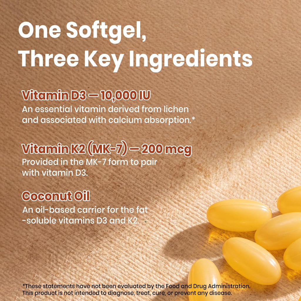 VEV Vitamin D3 K2 10,000 IU, 200 mcg K2, 300 Coconut Oil Softgels