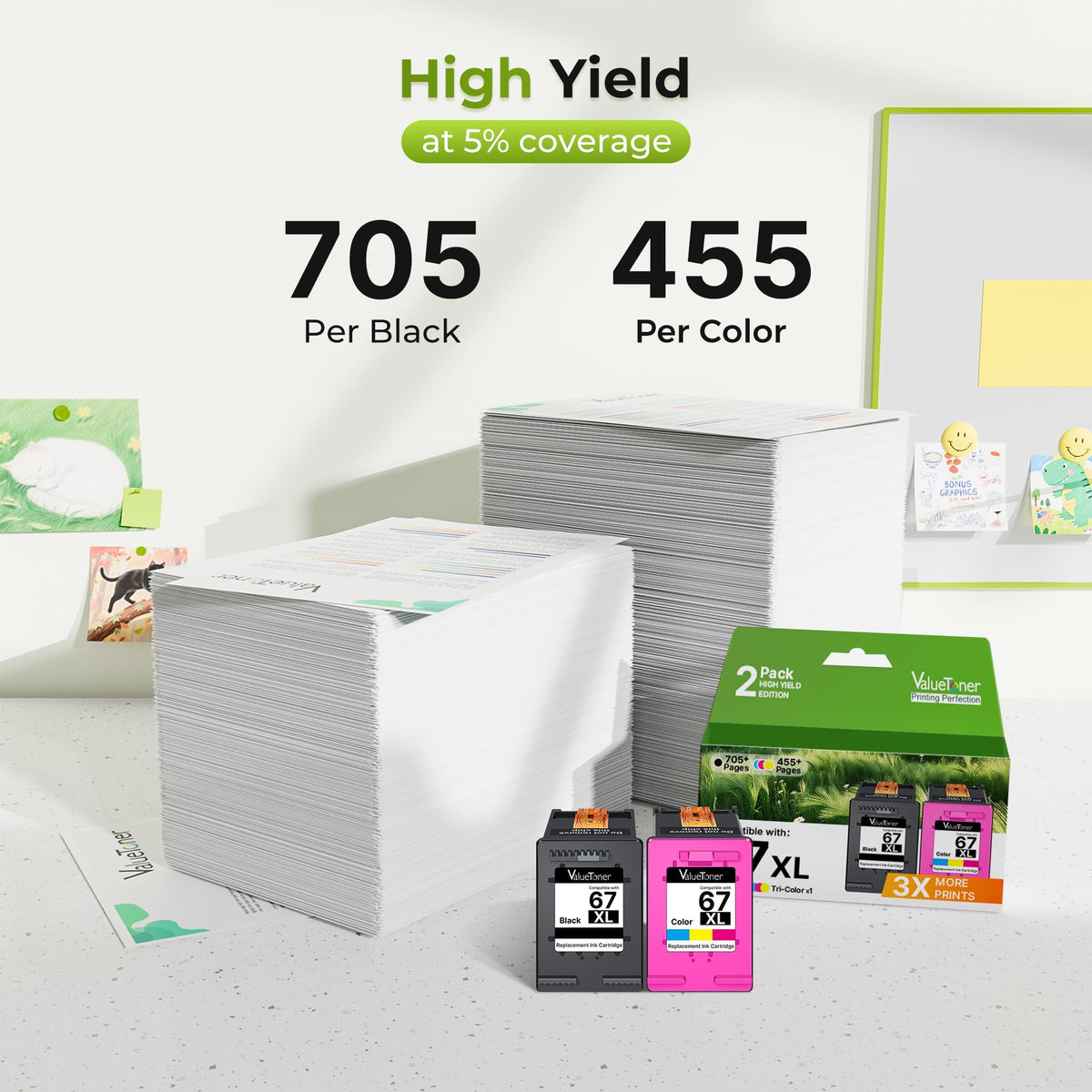 67 67XL for HP Ink 67XL for HP 67 Ink Cartridges Black/Color Combo Pack