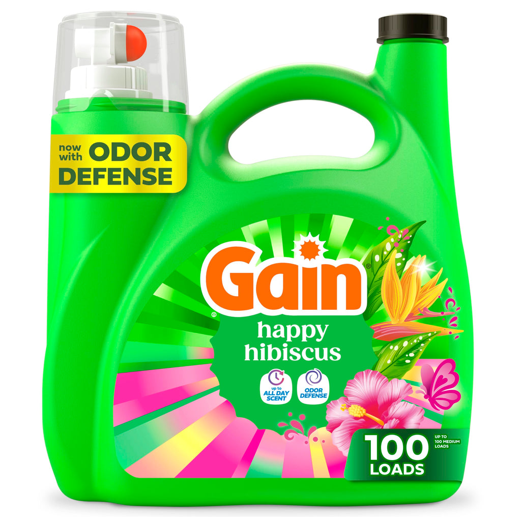 Gain Liquid Laundry Detergent, With Odor Defense, Happy Hibiscus Scent, Laundry Soap For HE Washing Machines, 132 fl oz, 100 Loads (Packaging May Vary)
