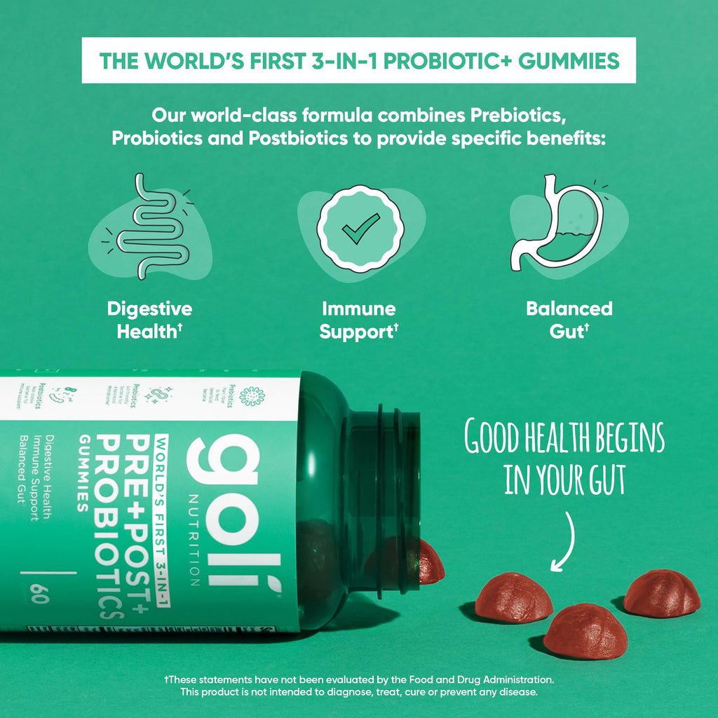 Goli Pre Pro Postbiotic Gummies - Worlds First 3-in-1 Formula with DE111 Probiotics, XOS Prebiotics, MCC1849 Postbiotics - Vegan, Non-GMO, Gluten-Free, 180 Count (3 Pack)