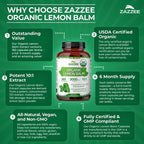 Zazzee USDA Organic Lemon Balm 10:1 Extract, 180 Capsules, 6 Month Supply