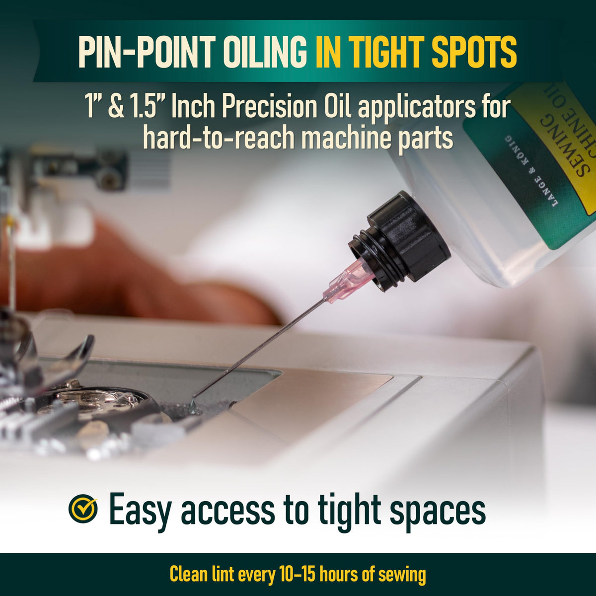 Lange & König 3.4 Oz Sewing Machine Oil Set Including 1" & 1.5" Precision Oil Applicators & 5X Specialized Deep Cleaning Brushes - Sewing Supplies, Sewing Products (Crystal Clear)