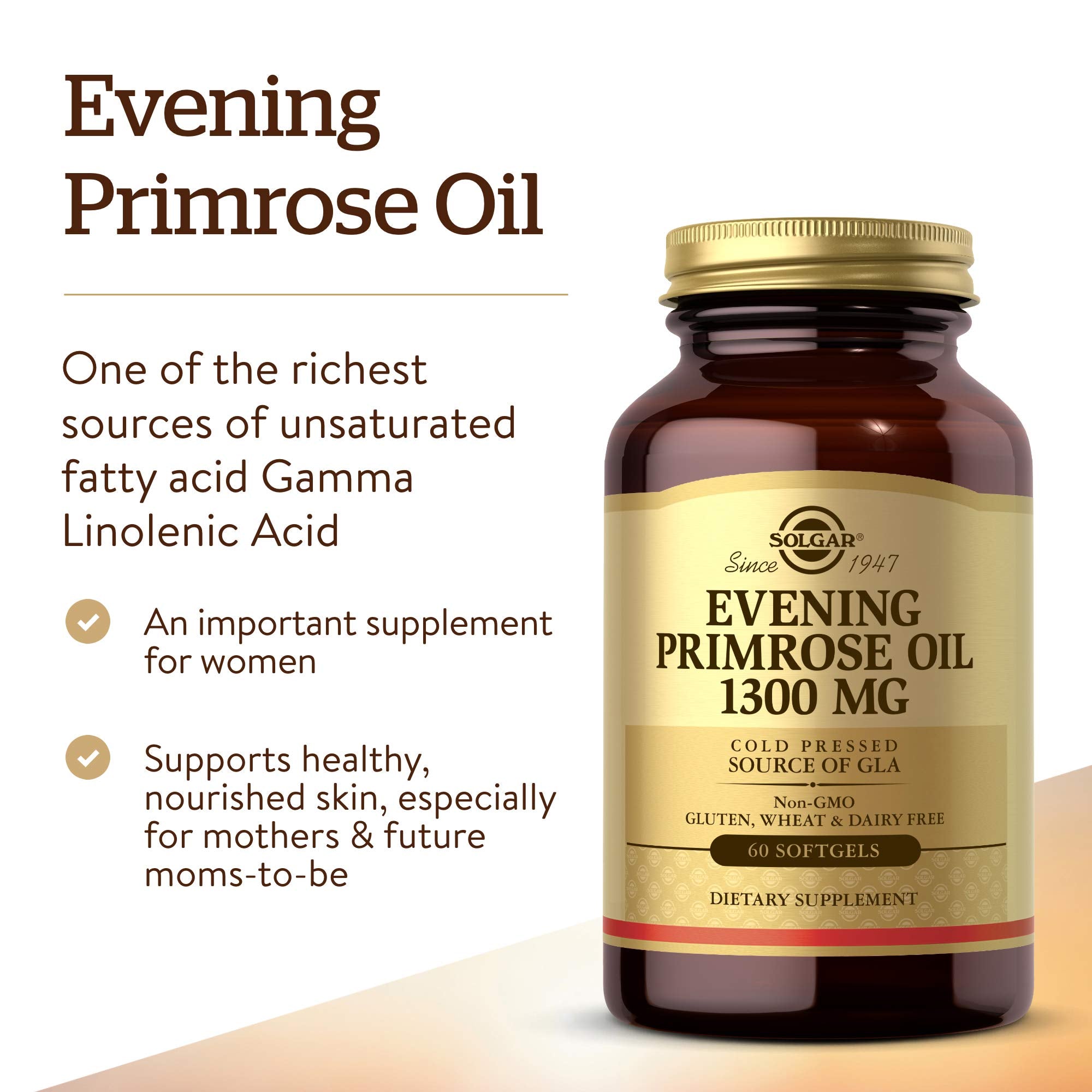 Solgar Evening Primrose Oil 1300 mg, 60 Softgels - Supports Skin Health | Hormone Balance, Non-GMO, Gluten Free - 60 Servings