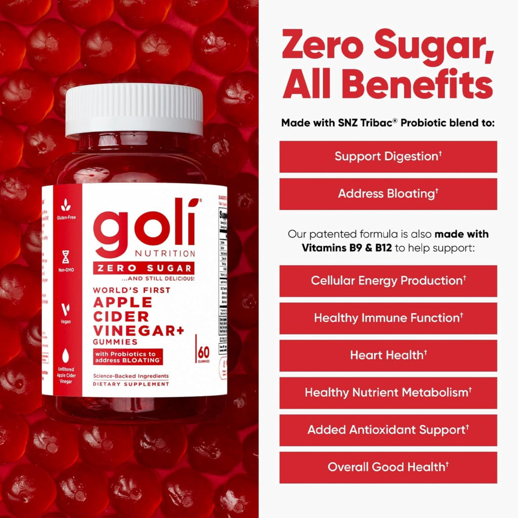 Goli Zero Sugar Apple Cider Vinegar Gummies, 60 Count Each (3 Pack, 180 Total) – ACV with Vitamin B12 & Probiotics, No Sugar Alcohols, Vegan, Keto & Gluten Free