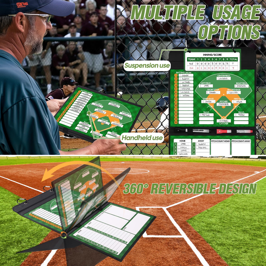 Magnetic Baseball Lineup Board, Collapsible Professional Softball & Baseball Lineup Board for Dugout, Baseball Clipboard for Coaches with 40 Magnetic Lineup Cards and High-End Markers (Leather Cover)