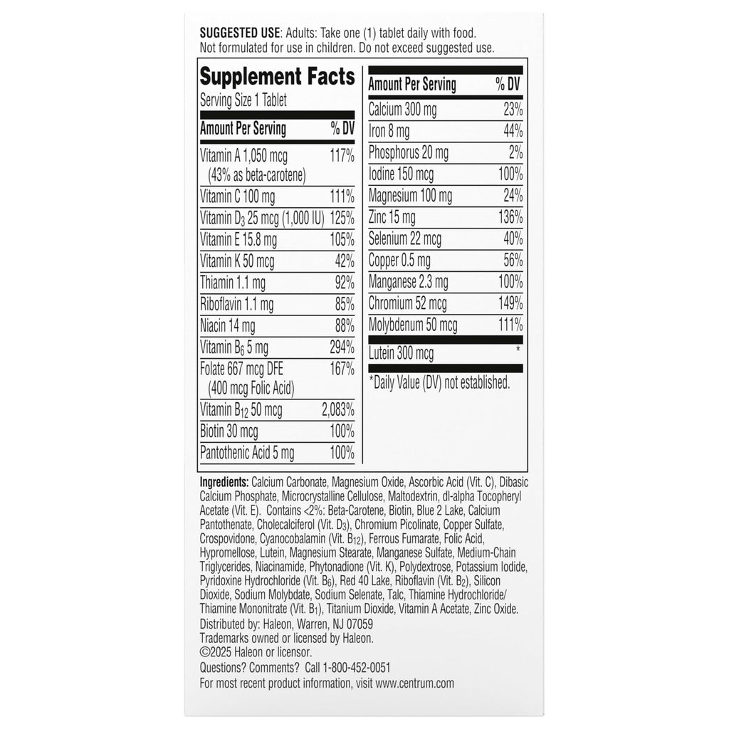 Centrum Silver Women's Multivitamin for Women 50 and Over, 100 Tablets | Contains Vitamin D3, B Vitamins, Calcium, and Antioxidants, Non-GMO Ingredients, Supports Memory and Cognition, GLP-1 Support