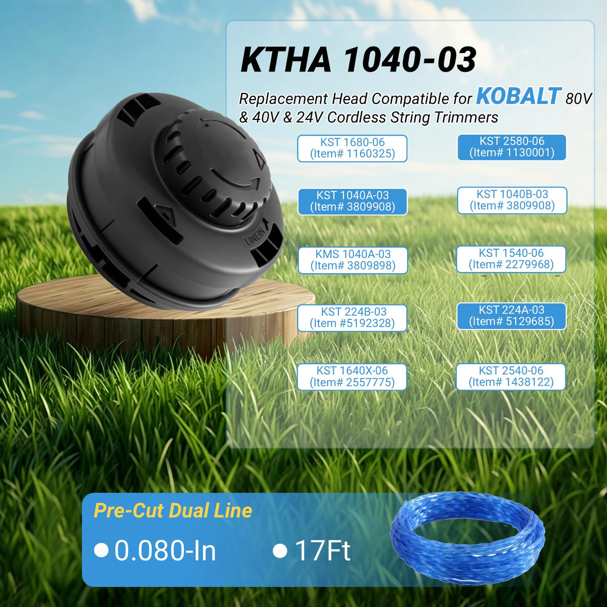 KTHA 1040-03 Weed Eater Head Replacement Compatible with Kobalt 80V KST 1680-06 40V KST 2540-06 KST 1040A-03 24V KST 224A-03 KST 224B-03 Cordless String Trimmer with 0.080" 17 Ft Pre-Cut Line