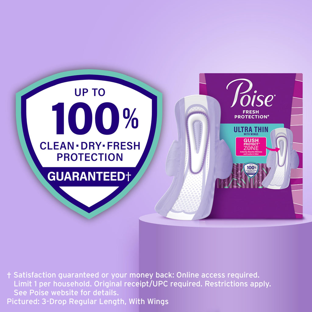 Poise Ultra Thin Incontinence Pads for Women, 4 Drop, Wings, 54 ct