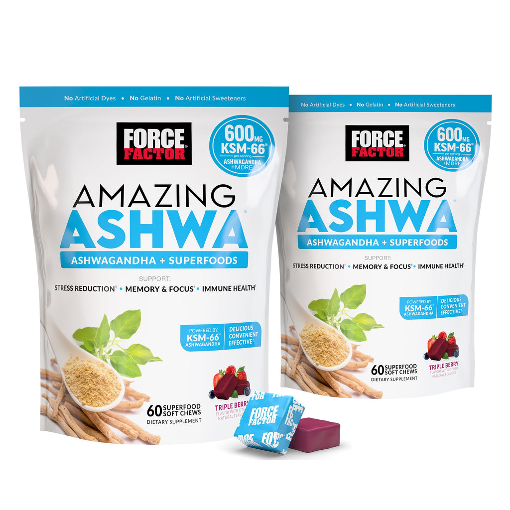 Force Factor Amazing Ashwa, Ashwagandha Supplement for Stress Relief | Memory, Focus, and Immune Support Health with KSM-66 Ashwagandha for Stress, 60 Soft Chews