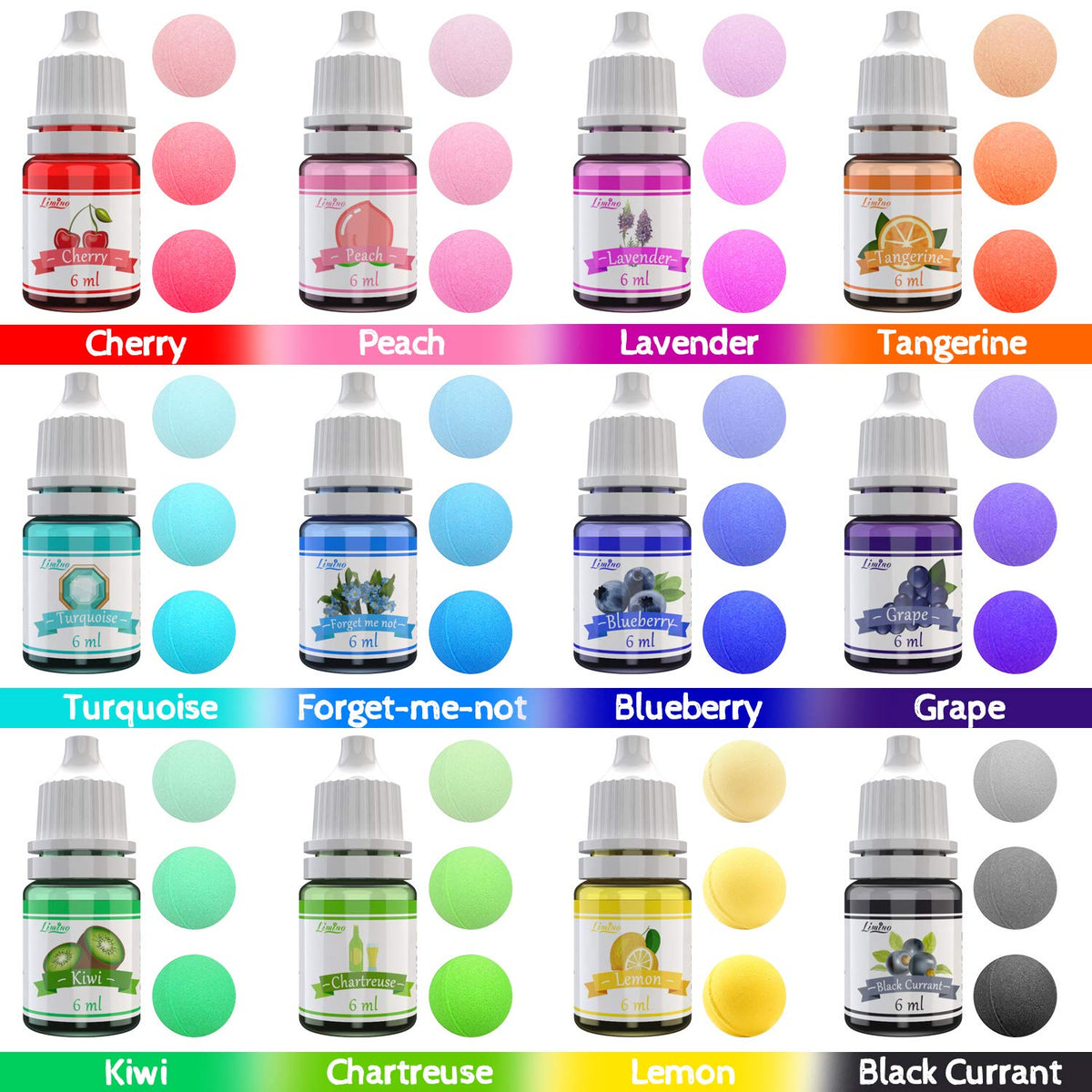 Limino 12 Color Bath Bomb Soap Dye - Skin Safe, Food Grade Coloring for Soap Making Supplies, DIY Bath Bomb Supplies Kit, Slime, Crafts - with Instructions