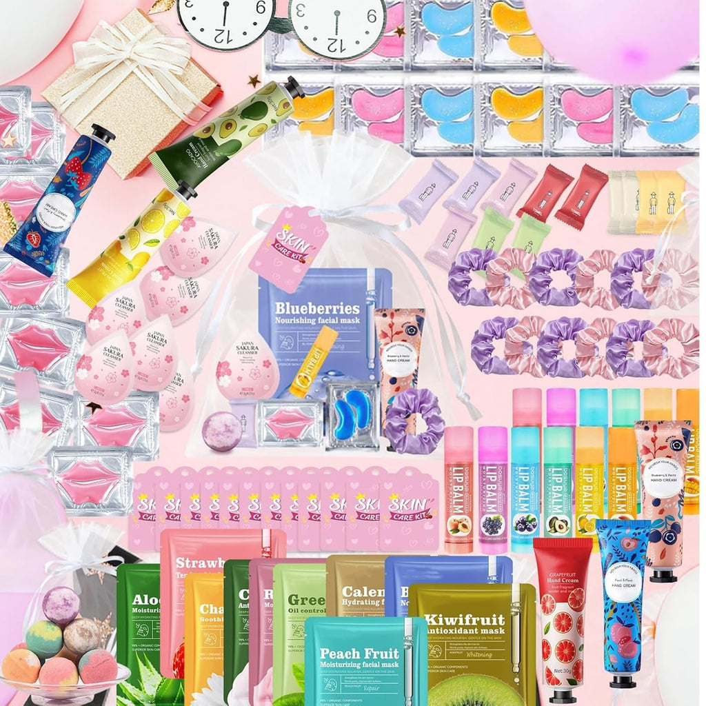 132 PCS Spa Party Supplies for Women, Spa Party Favors Includes Face Masks, Lip Masks, Eye Masks, Hand Cream, Lip Balm, Bath Bombs, Spa Birthday Sleepover Party Supplies Spa Party Favors