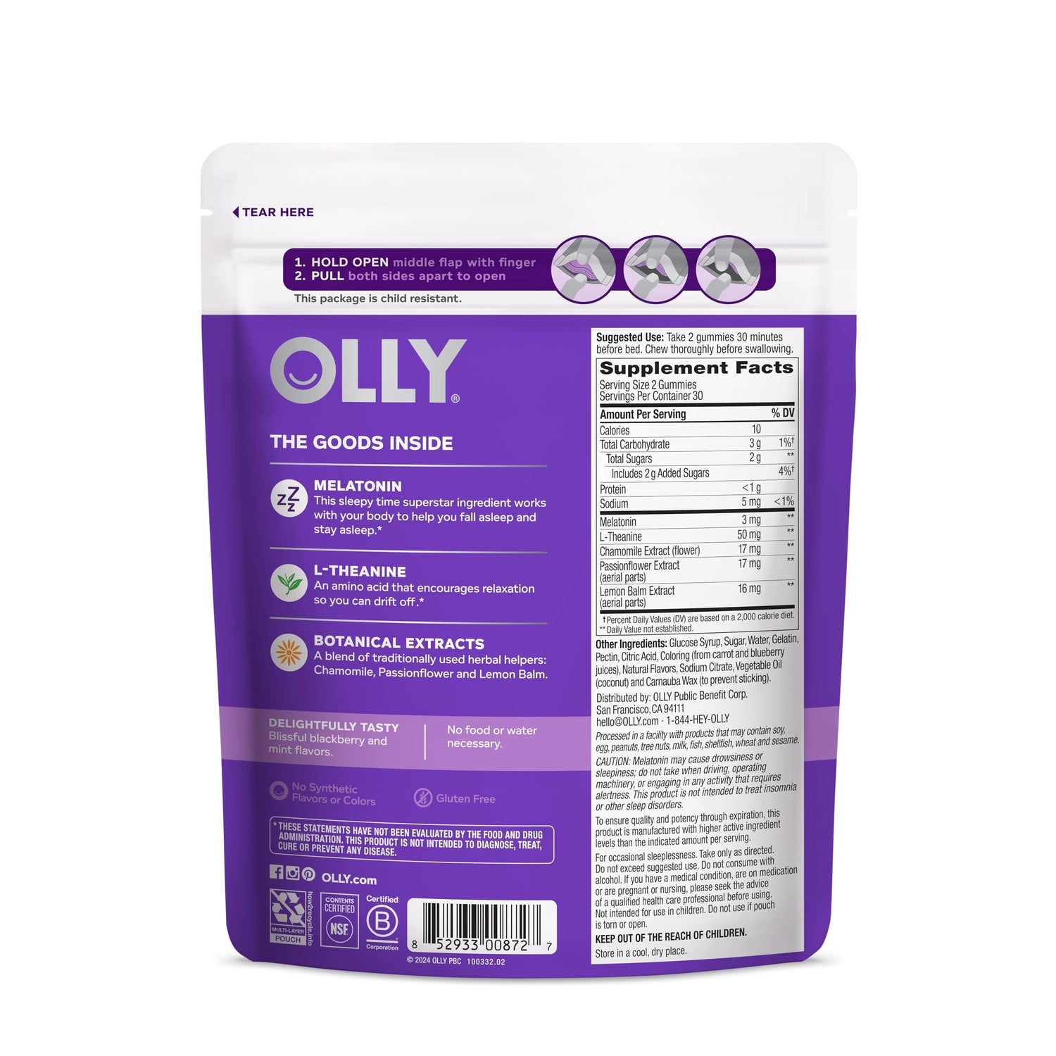 OLLY Sleep Support Gummy Supplement,* 3 mg Melatonin, L-Theanine - 60 Count