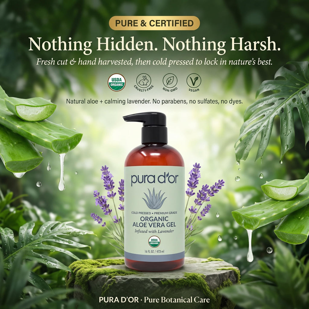 PURA D'OR ORGANIC Aloe Vera Gel Soothing Moisturizer, Lavender, 16oz | Fast-Absorbing, After-Sun Care, USDA Certified, Hydrating, Non-Sticky, Zero Artificial Preservatives, Vegan, Face, Hair, Body