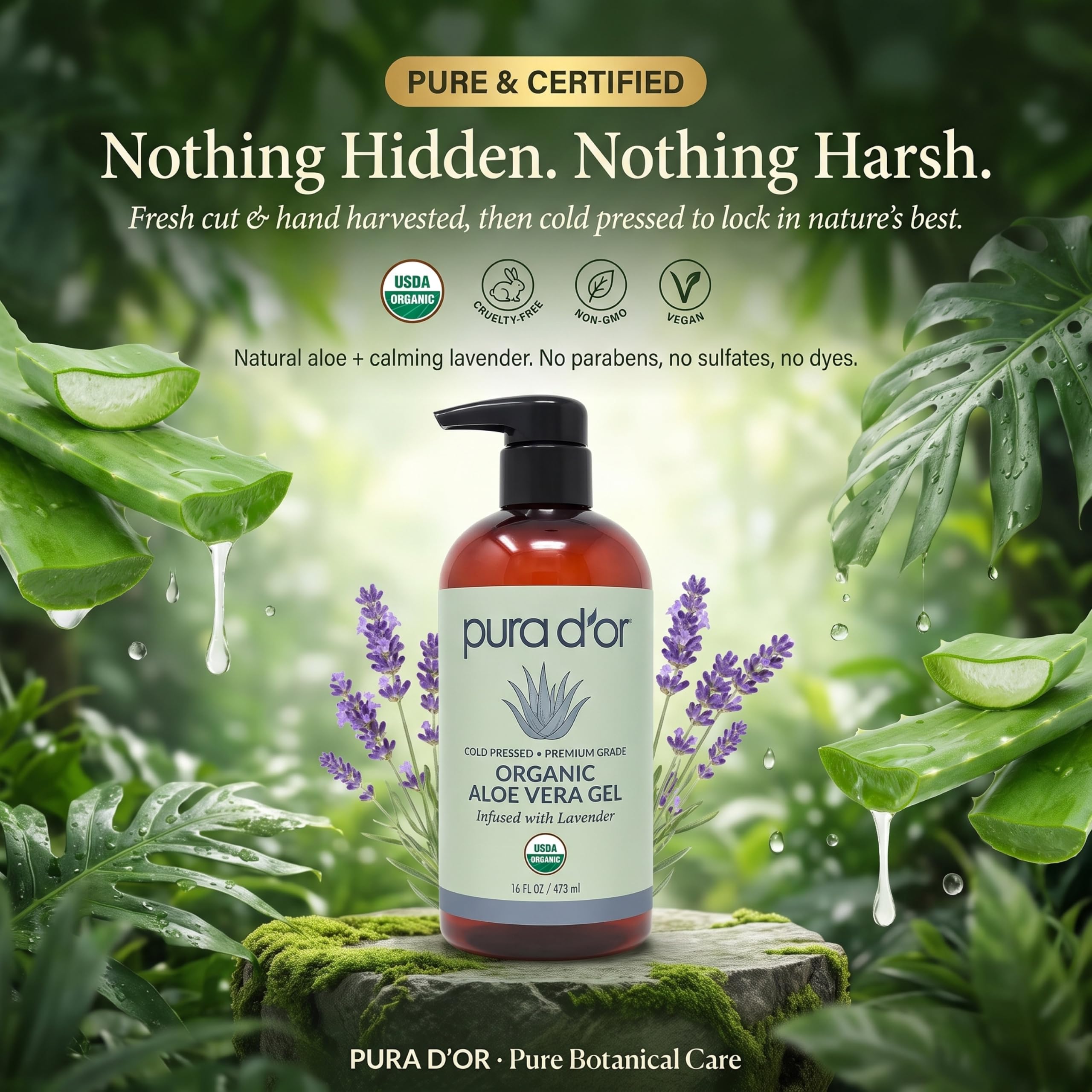 PURA D'OR ORGANIC Aloe Vera Gel Soothing Moisturizer, Lavender, 16oz | Fast-Absorbing, After-Sun Care, USDA Certified, Hydrating, Non-Sticky, Zero Artificial Preservatives, Vegan, Face, Hair, Body