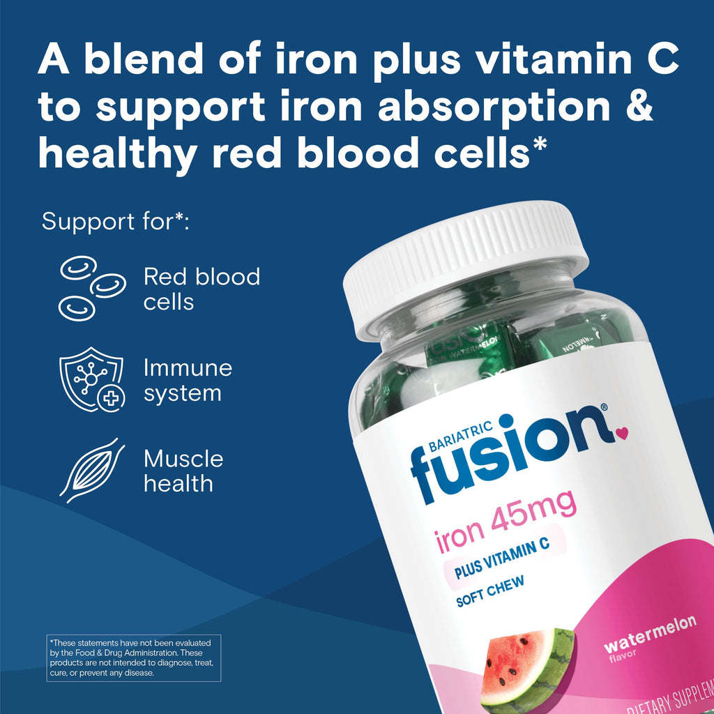 Bariatric Fusion Iron Supplement for Women Anemia | Chewable Iron with Vitamin C | Watermelon Flavored Soft Chew | Gentle on Stomach Ferrous Fumarate for Women and Men | Gluten Free | 60 Count