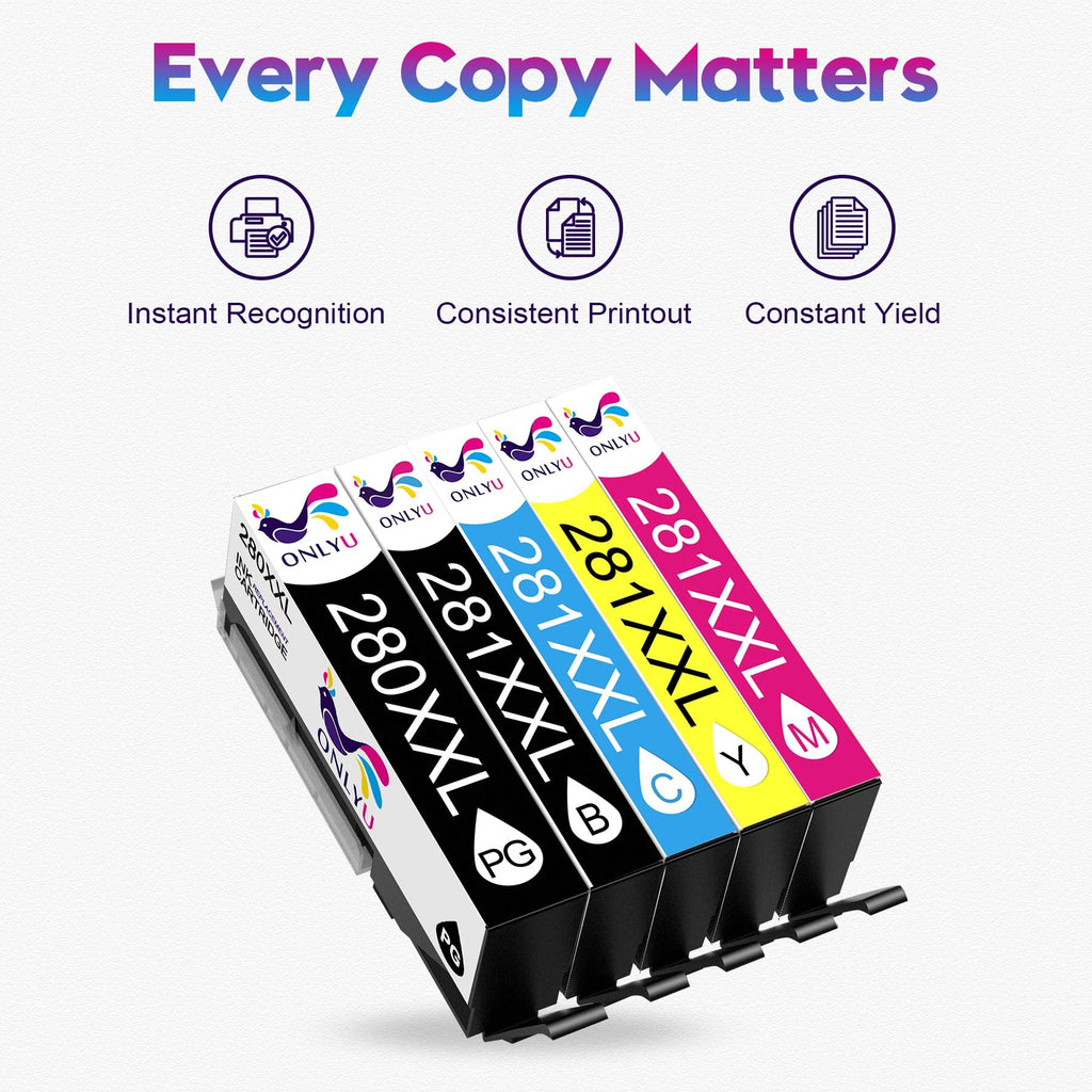 ONLYU 280XXL 281XXL Compatible for Canon Ink 280 and 281 Cartridges PGI-280XXL CLI-281XXL for Canon TR8620a Ink Cartridges for Pixma TR8620 TR8620a TS6320 TR7520 TS6120 TS6220 TS8220 TS9520 (5 Pack)