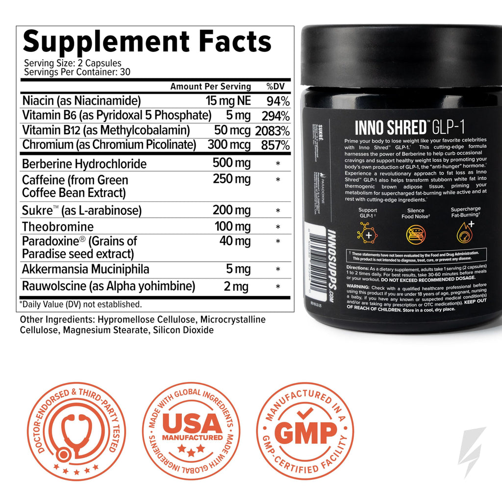 Inno Shred GLP-1 Thermogenic Fat Burner & Appetite Support, 30 Servings | Weight loss, metabolism & energy support with Berberine, Green Coffee Bean, B Vitamins; GLP-1 support for men & women
