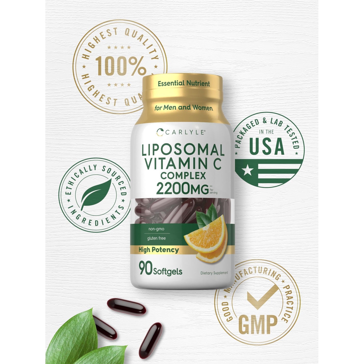 Carlyle Liposomal Vitamin C | 2200mg | 90 Softgel Capsules | High Potency Complex Supplement | Non-GMO, Gluten Free Packaging May Vary