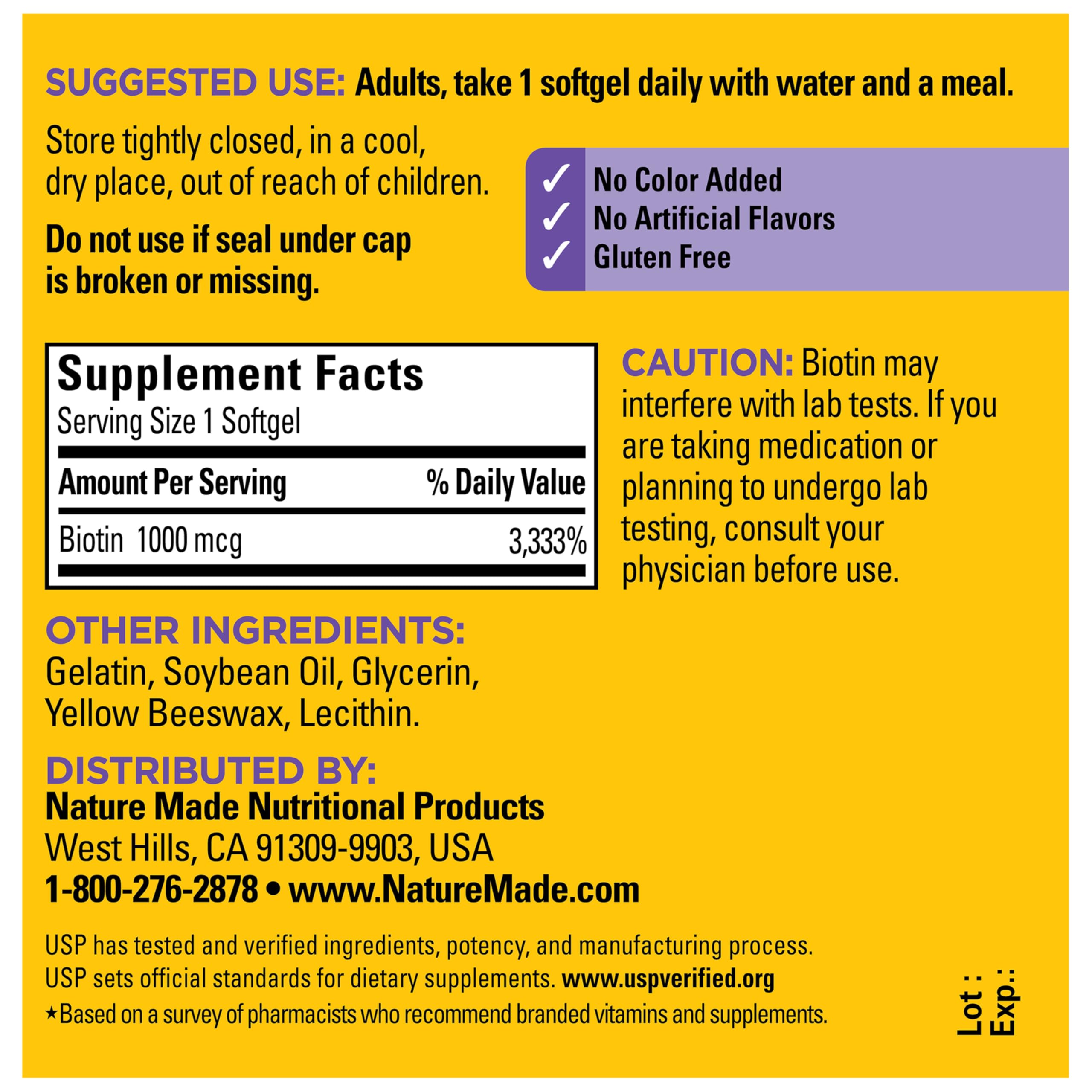 Nature Made Biotin 1000 mcg Softgels, 120 Softgels | Biotin Vitamins Dietary Supplement, Supports Healthy Hair & Skin, Supports Healthy Aging, 120 Day Supply