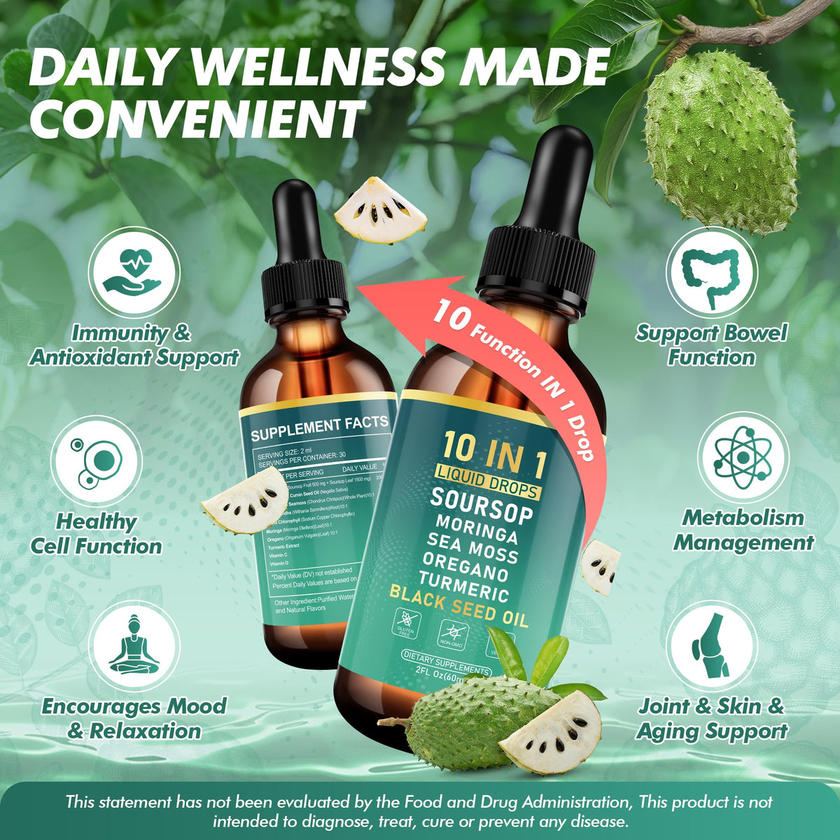 Dobeko Soursop Bitters Liquid Drops, Bitter Herbs with Soursop Extract, Ashwagandha, Sea Moss & Black Seed Oil, Formulated for Immune Wellness, Antioxidant Support & Healthy Digestion, 2 FL Oz