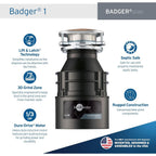 Buy now InSinkErator Garbage Disposal, Badger 1, Standard Series, 1/3 HP Continuous Feed, Black, Waterborne Grey Enamel at indiglob india