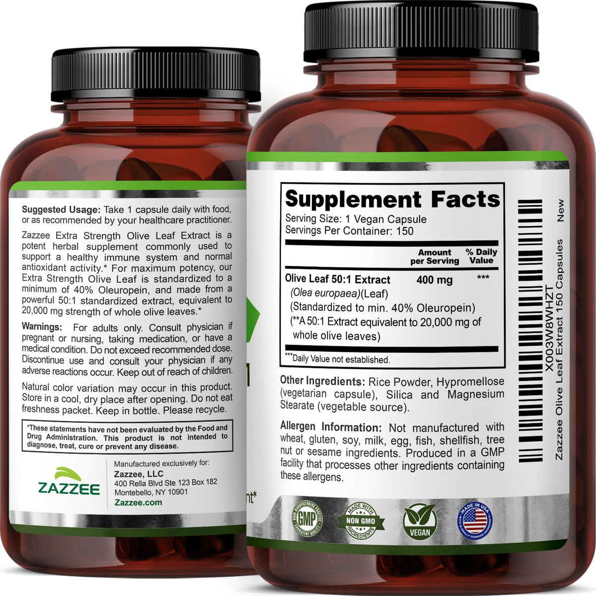 Zazzee Extra Strength Olive Leaf 50:1 Extract, 40% Oleuropein, 150 Capsules