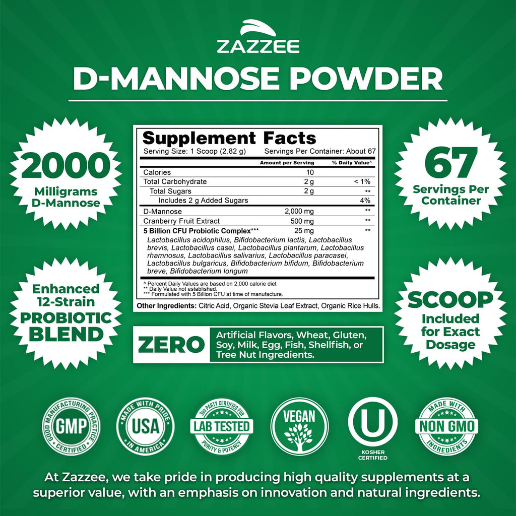 Zazzee D-Mannose Powder Plus, 2000 mg, 67 Servings, Free Scoop, Made in USA | Plus 5 Billion CFU Probiotics and Pure Cranberry Juice Extract, Kosher, 6.67 oz, Urinary Tract & Bladder Support, Non-GMO