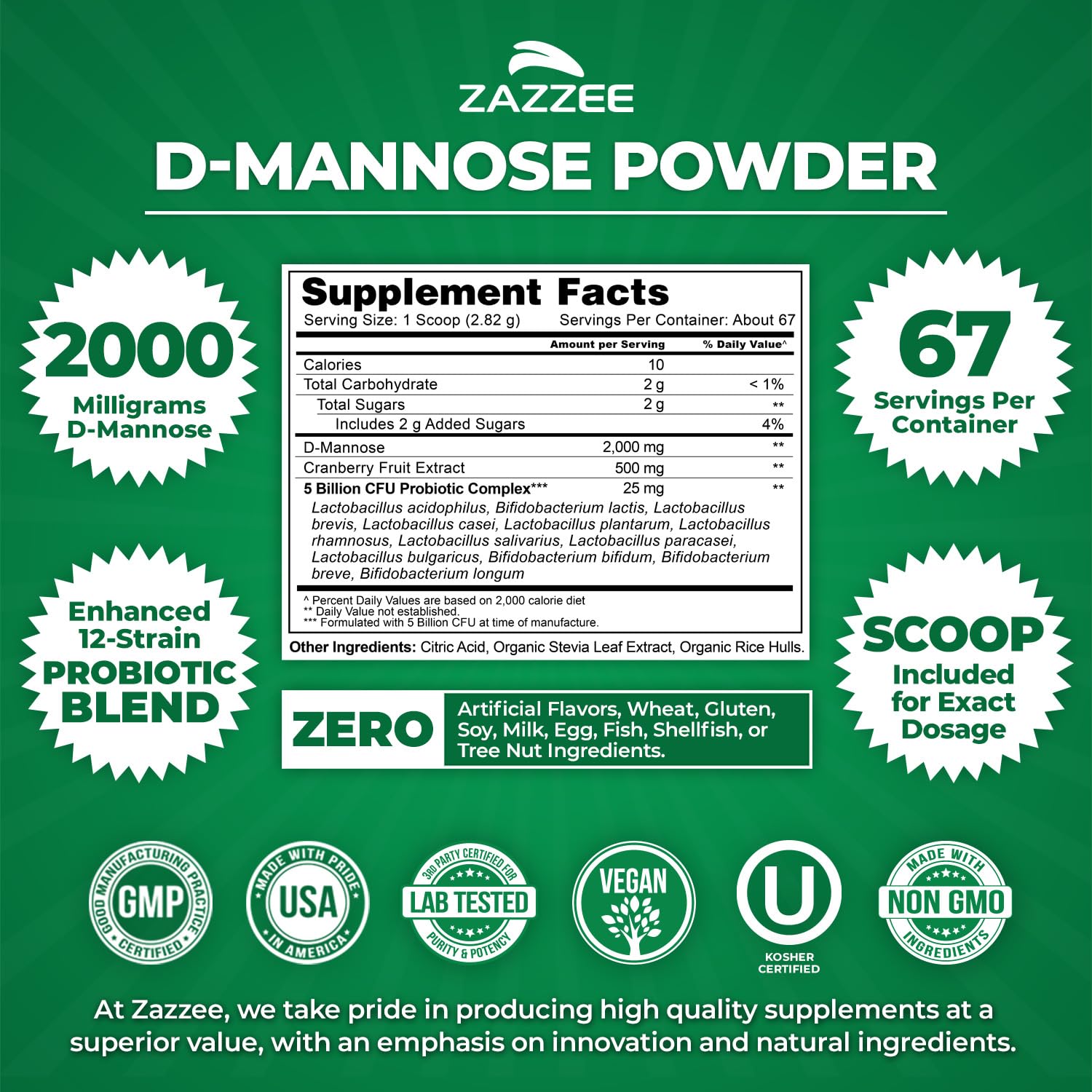 Zazzee D-Mannose Powder Plus, 2000 mg, 67 Servings, Free Scoop, Made in USA | Plus 5 Billion CFU Probiotics and Pure Cranberry Juice Extract, Kosher, 6.67 oz, Urinary Tract & Bladder Support, Non-GMO