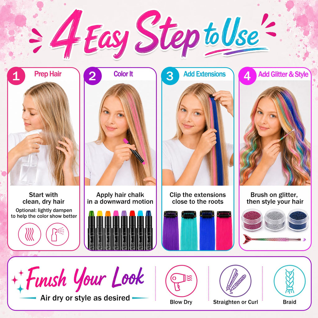 Jim&Gloria Dustless Hair Chalk for Girls Washable with Clip in Hair Extensions, Brushes and Glitters, Temporary Color Dye, Gifts for Teen Girl Trendy Stuff, Teenage 7 8 9 10 11 12 13 14 Year Old