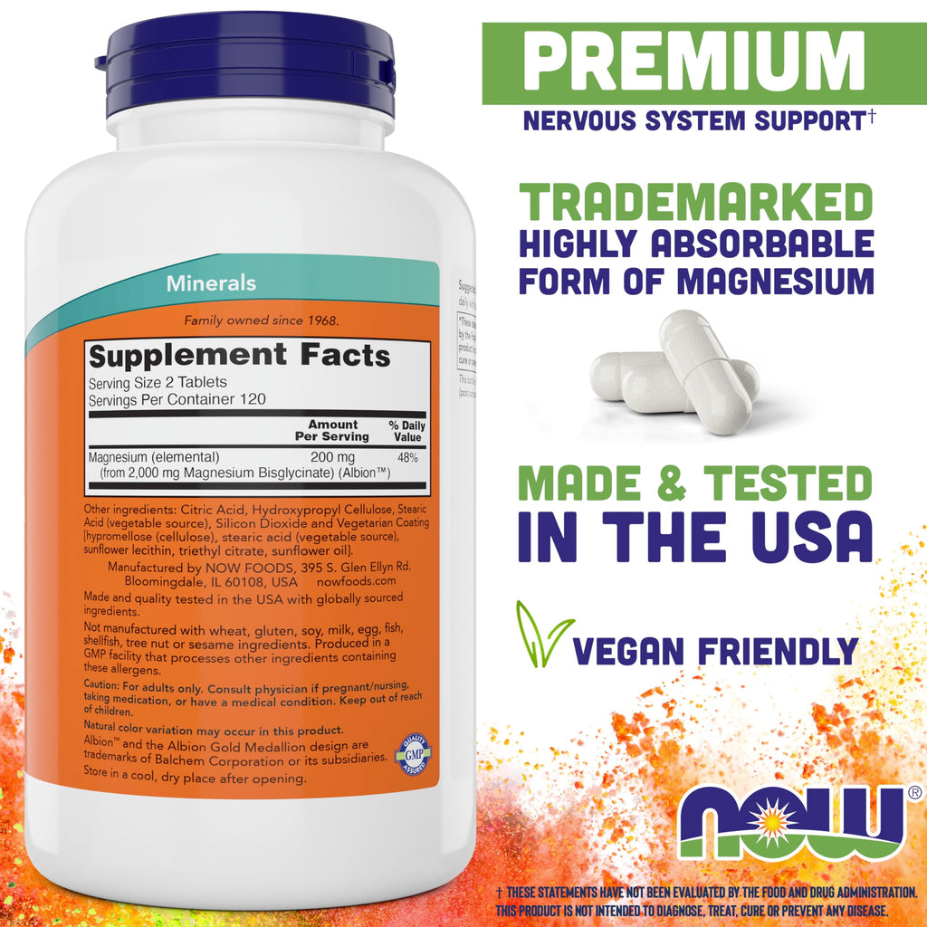 Now Foods Magnesium Glycinate, 240 Tablets - Supports Healthy Muscle and Nerve Functions - Non-GMO