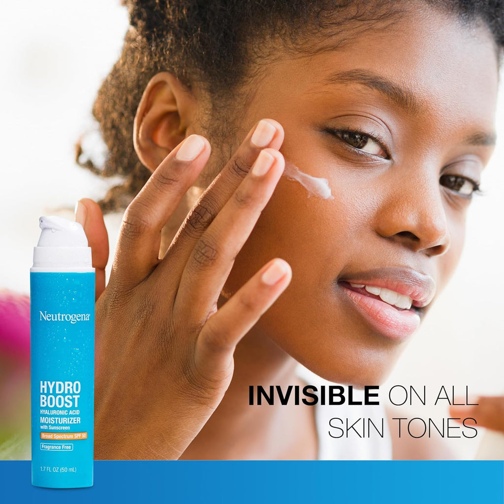 Buy now Neutrogena Hydro Boost Hyaluronic Acid Face Moisturizer with Broad Spectrum SPF 50 Sunscreen, Non-Greasy, Fragrance Free Daytime Facial Moisturizer to Hydrate & Soothe Dry Skin, 1.7 fl. oz at indiglob india