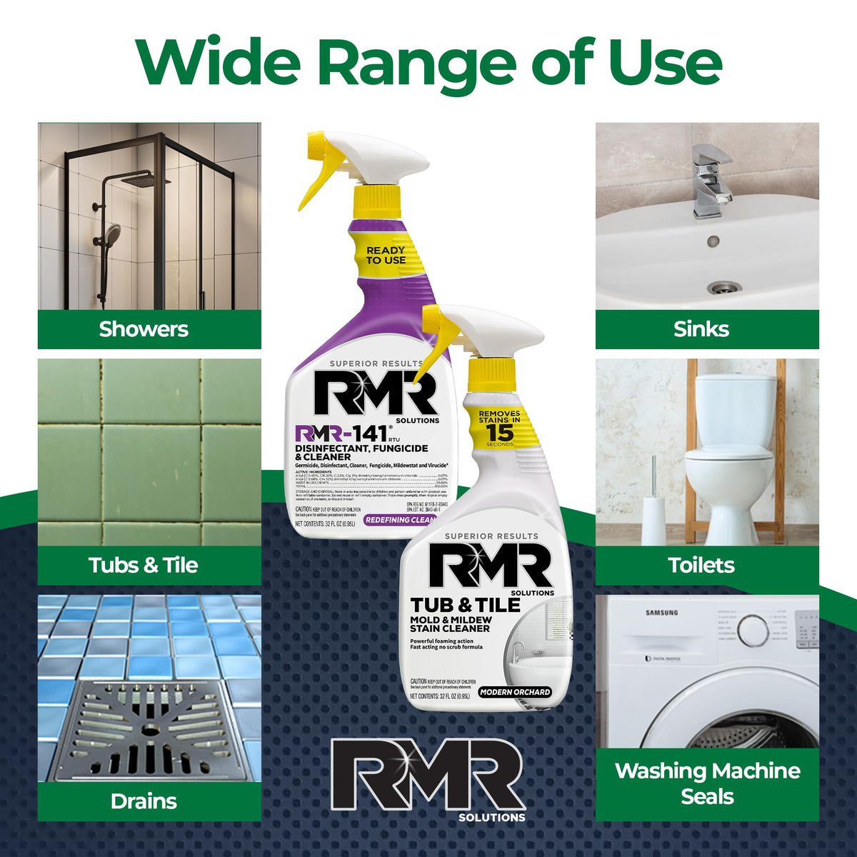 RMR Bathroom Mold Remover Bundle - RMR-141 EPA Registered Mold & Mildew Remover, 2-Step Bathroom Cleaning & Disinfecting System for Showers, Sinks, Tile, Grout, 2–32 Oz Bottles