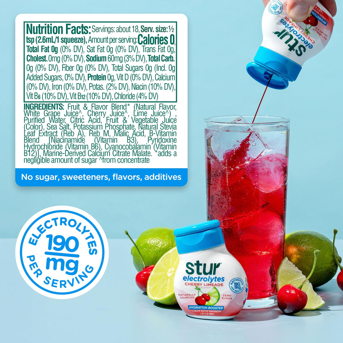 Stur Electrolyte Water Enhancer | Sweetened with Stevia | High in Antioxidant Vitamin C | Sugar Free | Zero Calories | Keto | Vegan | 5 Bottles, Makes 90 Drinks (Cherry Limeade)
