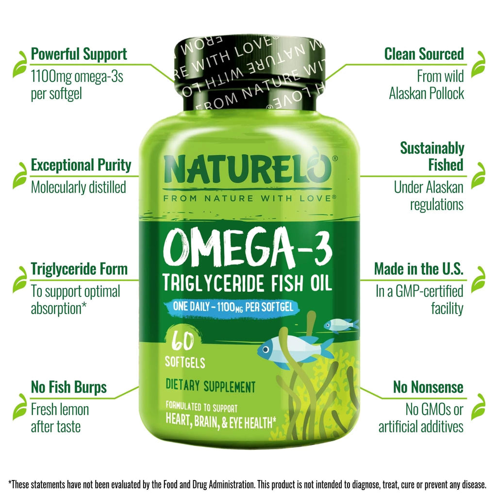 NATURELO Burpless Omega 3 Fish Oil Supplement, 1100mg, 60 Softgels | Triglyceride omega-3, omega 3 DHA EPA, liquid fish oil, 2 months supply