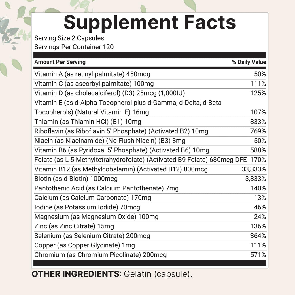 Micro Ingredients 2 Pack Pure Methylated Multivitamin, 480 Capsules | 19-in-1 Formula with Vitamins C, D, B12, Folate, Magnesium, Zinc, & More | Supports Daily Wellness & Immune Health | Filler Free