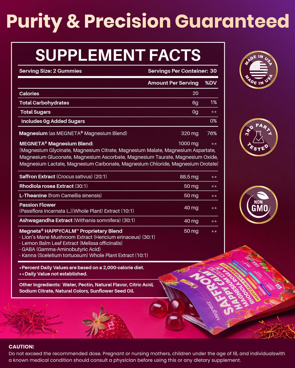 Saffron Gummies Happy Calm, Magnesium Gummies for Women & Men