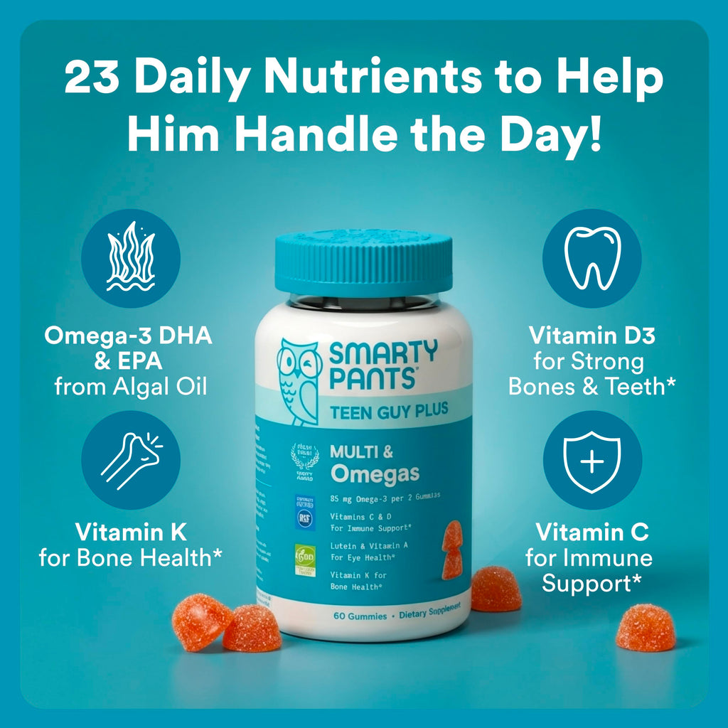 SmartyPants Teen Guy Plus Multi & Omegas Multivitamin Gummies with Omega 3 DHA/EPA, Vitamins D3, C, B12, B6, A, K, Zinc, Folate, Gluten Free, Clean Label, Pineapple Orange, 60 Gummies (30 Day Supply)