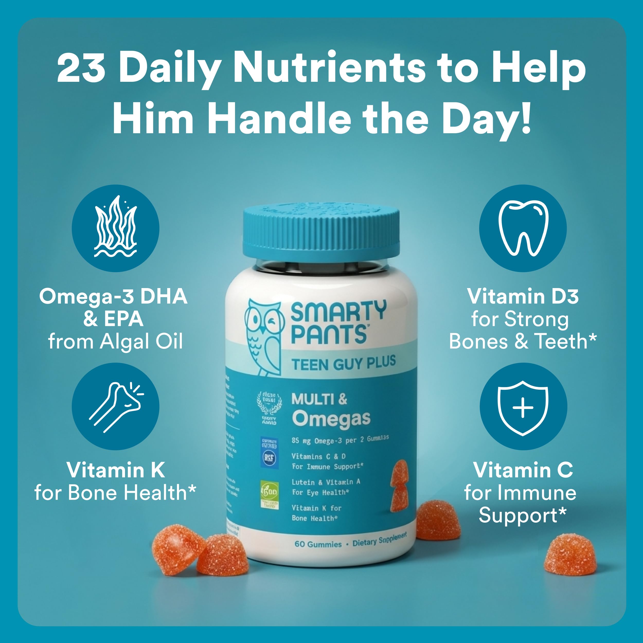 SmartyPants Teen Guy Plus Multi & Omegas Multivitamin Gummies with Omega 3 DHA/EPA, Vitamins D3, C, B12, B6, A, K, Zinc, Folate, Gluten Free, Clean Label, Pineapple Orange, 60 Gummies (30 Day Supply)