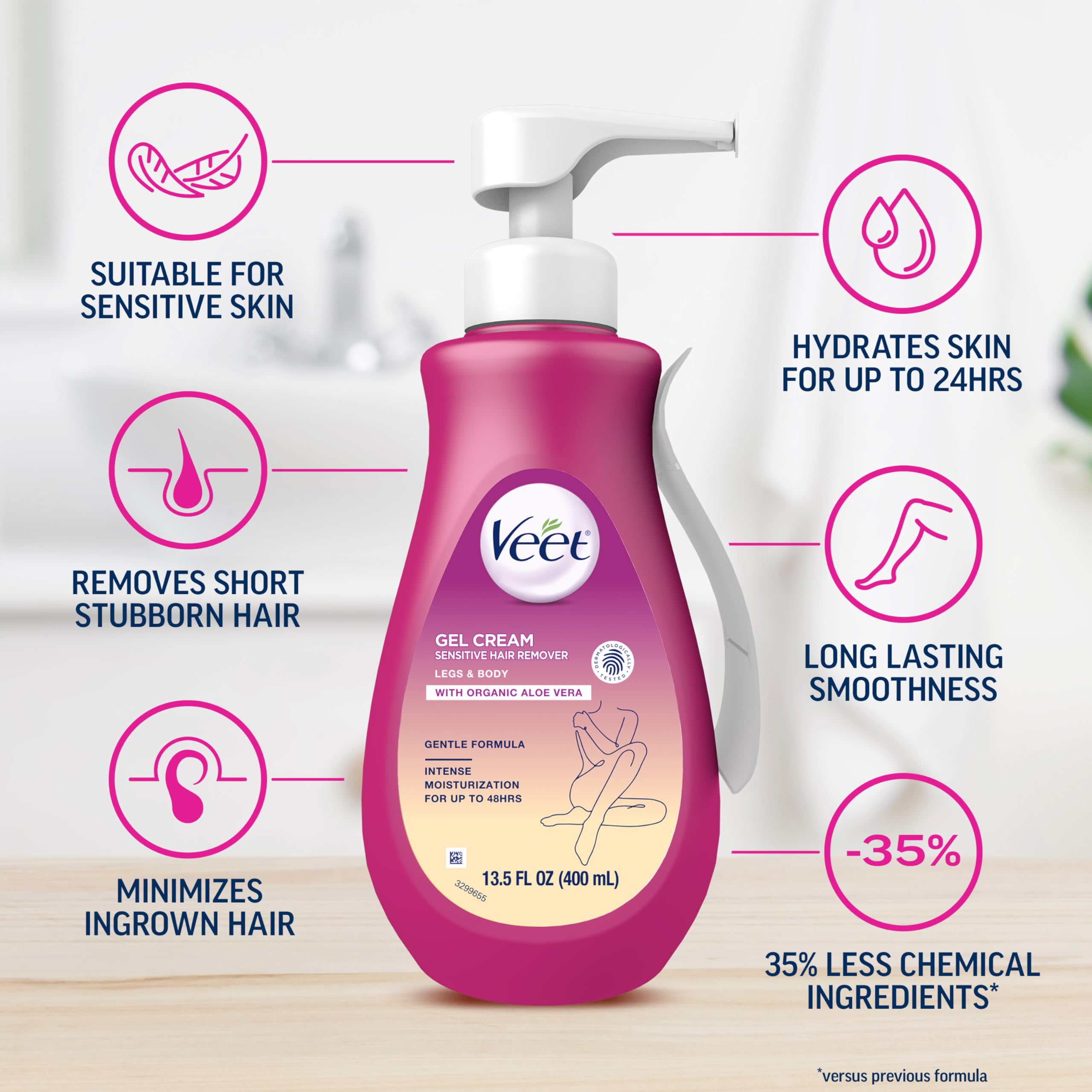 Veet Sensitive Skin Hair Removal Cream For Women, Painless Bikini Hair Removal Gel, Dermatologically Tested Depilatory Cream For Bikini Line, Legs, Arms, Underarms, 13.5 FL OZ Pump Bottle with Tool