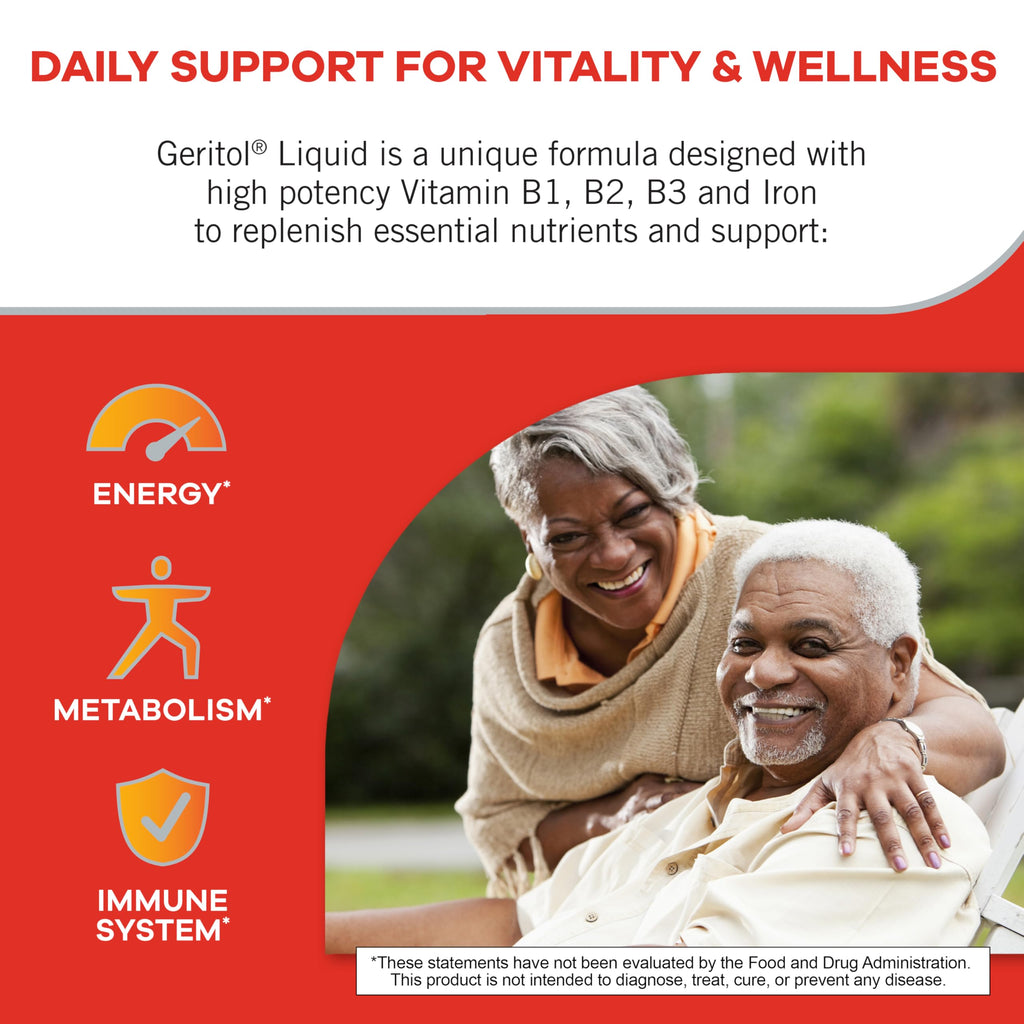 Geritol Liquid Vitamin and Iron Supplement, Energy Support Vitamins, Contains High Potency B-Vitamins and Iron, Easy to Swallow, No Artificial Sweeteners, Non-GMO, 12 Oz (Pack of 2)