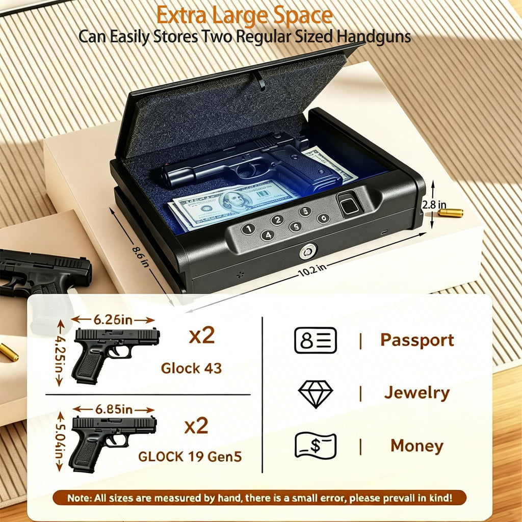 Biometric Fingerprint Handgun Safe, Small Nightstand Gun Lock Box with 3 Access Modes, 0.1s Quick Fingerprint Unlock & Voice Prompt, Heavy Steel Pistol Storage Box for Bedroom Home and Vehicle Use