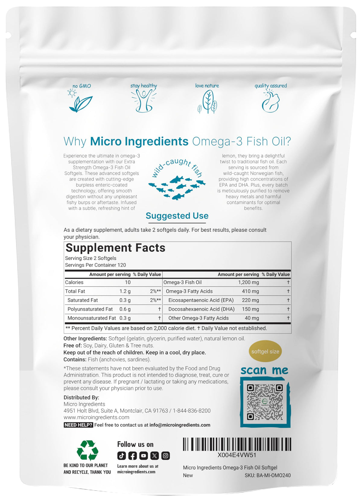 Micro Ingredients Extra Strength Omega 3 Fish Oil Supplements 1,200mg Per Serving, 240 Softgels | Lemon Flavored | Burpless | Essential Fatty Acids | EPA 220mg + DHA 150mg | Deep Sea Fish