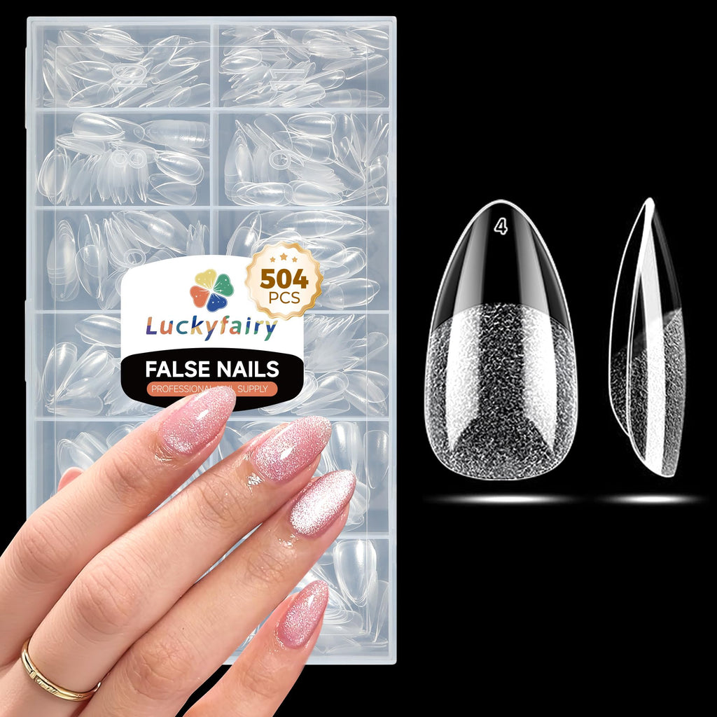 Luckyfairy Extra Short Almond Nail Tips 504pcs Soft Gel Short Nails 12 Size | Pre-Shaped Clear Press On Almond Nails, Half Matte Full Cover Short Nail Tips Acrylic, Natural Almond Shape, Nail Art DIY