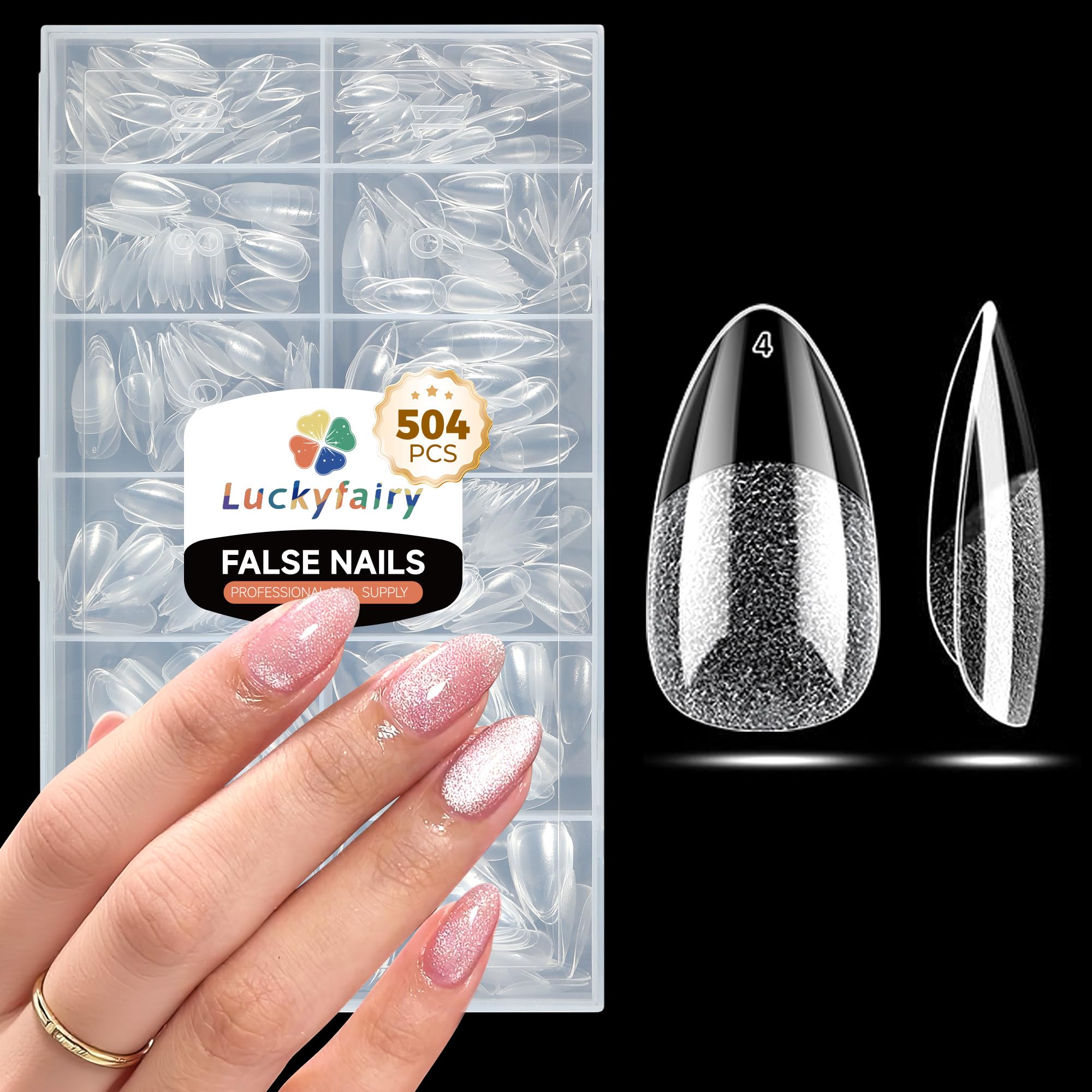 Luckyfairy Extra Short Almond Nail Tips 504pcs Soft Gel Short Nails 12 Size | Pre-Shaped Clear Press On Almond Nails, Half Matte Full Cover Short Nail Tips Acrylic, Natural Almond Shape, Nail Art DIY