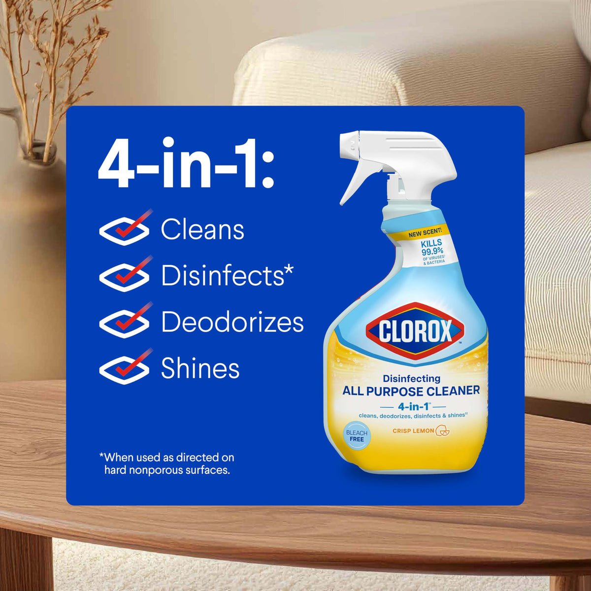 Clorox Disinfecting All Purpose Cleaner, Bleach Free, Crisp Lemon, 32 Fluid Ounces (Pack May Vary)