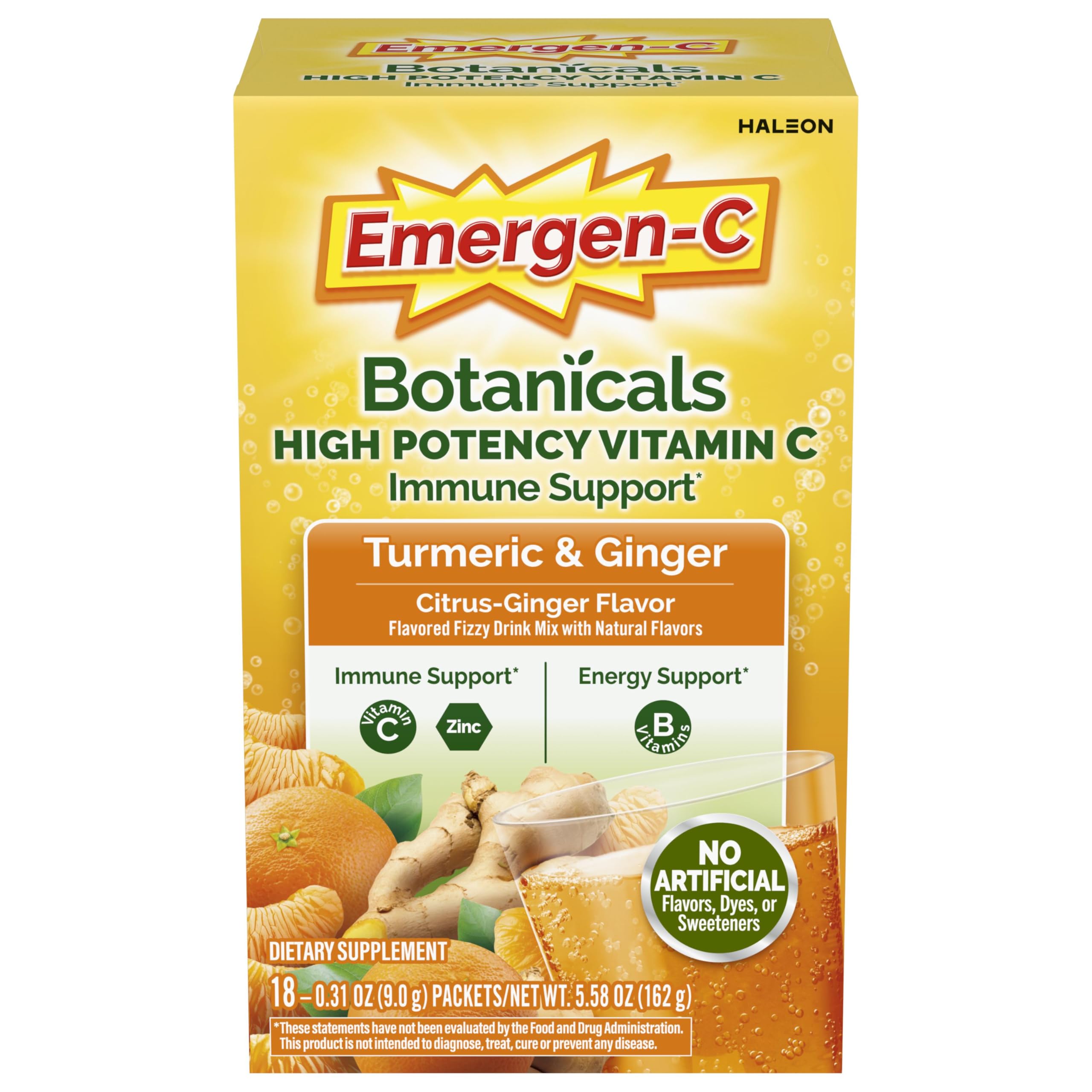 Emergen-C Vitamin C Immune Support Powder, Citrus Ginger, 18 ct | With Turmeric and Ginger, B Vitamins for Energy, Zinc and Manganese, Gluten Free, Caffeine Free