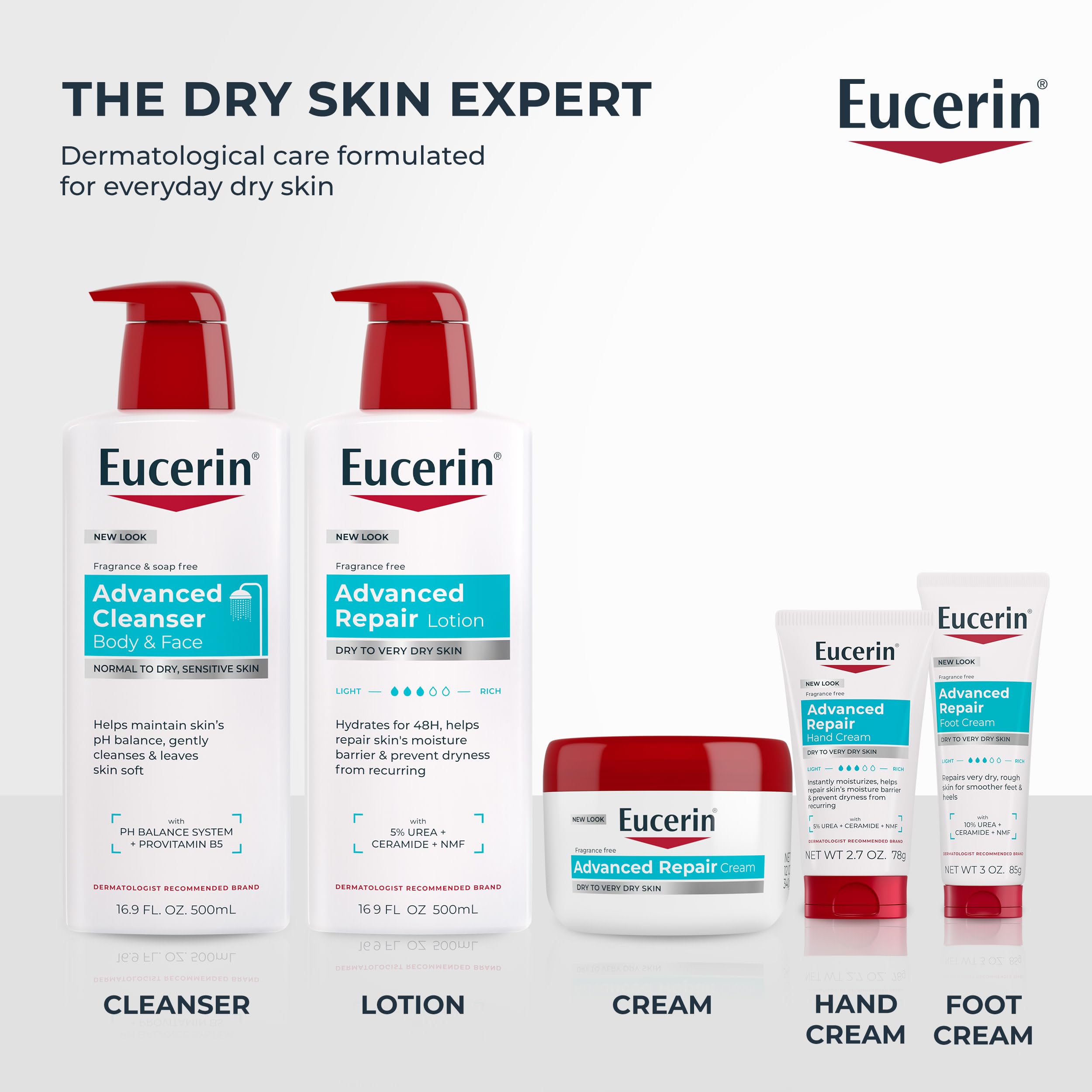 Eucerin Advanced Repair Body and Face Cleanser, 16.9 FL OZ | Body Wash and Face Cleanser with Provitamin B5, Gentle Wash for Normal to Dry, Sensitive Skin, Soap Free, Fragrance Free