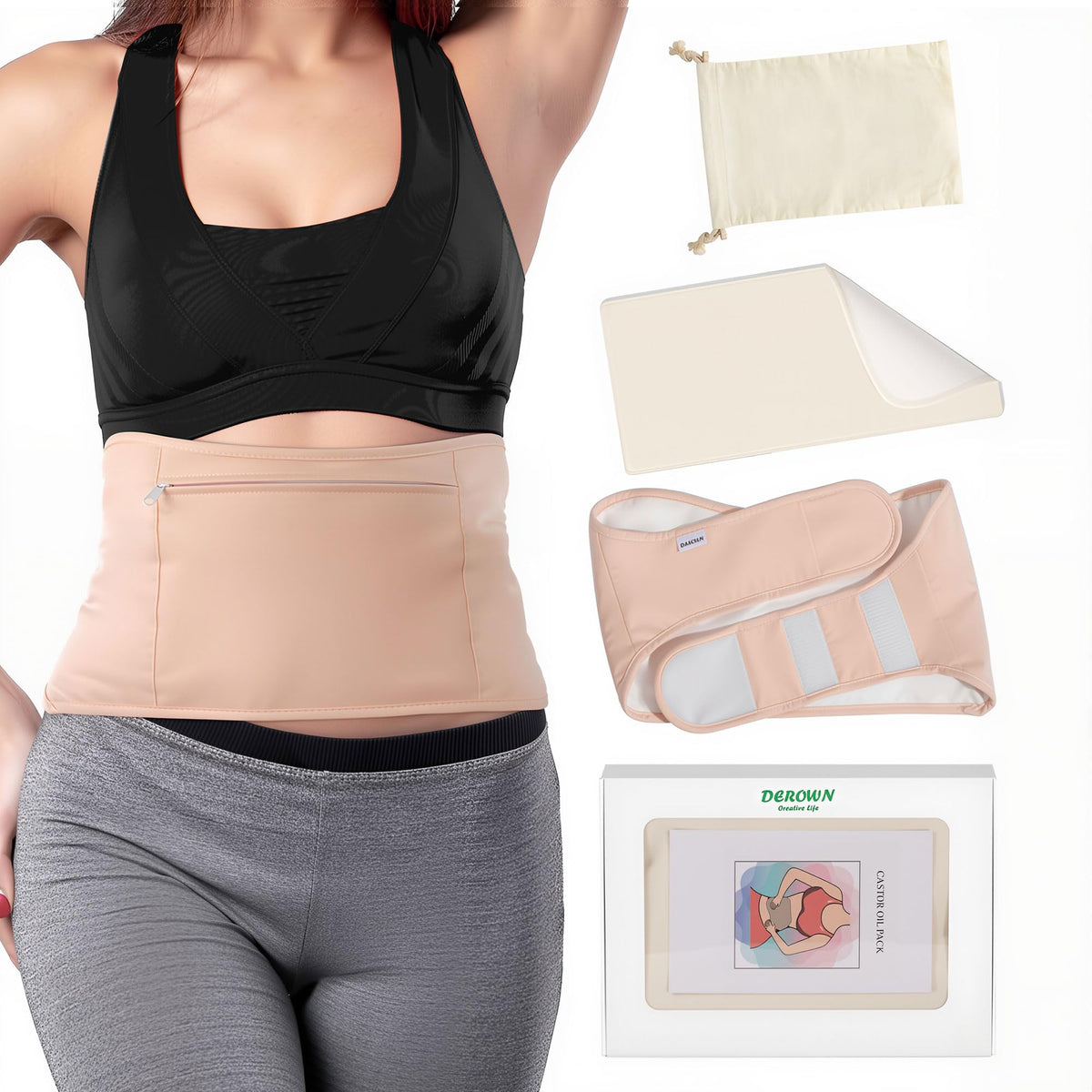 DEROWN Castor Oil Packs for Liver Detox, Less Mess Made of Organic Cotton Flannel & Waterproof PUL, Reusable Massage Castor Oil Pack Kit with Anti Oil Leak Design (Oil Not Included)